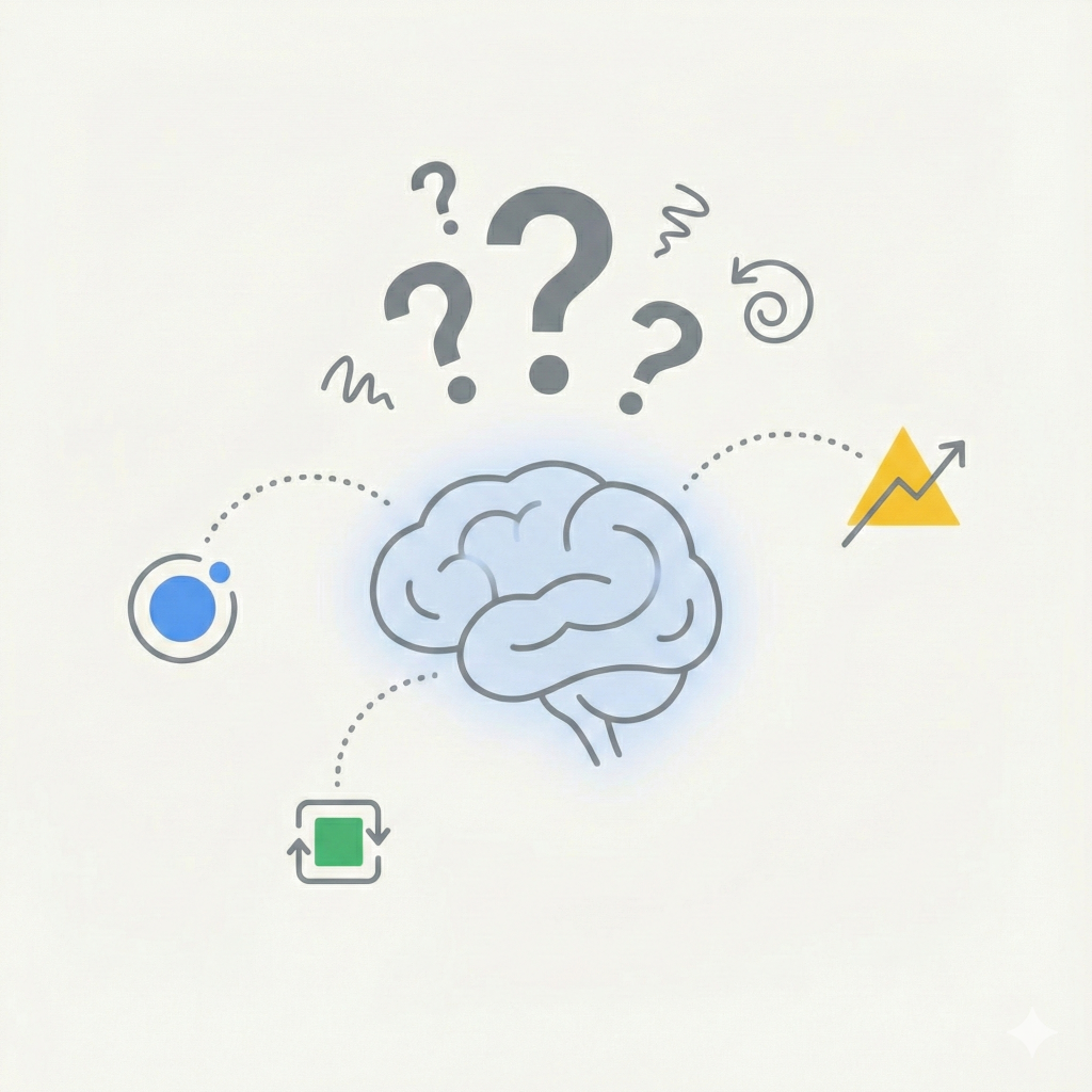 Simple image depicting a confused brain, choosing between three options
