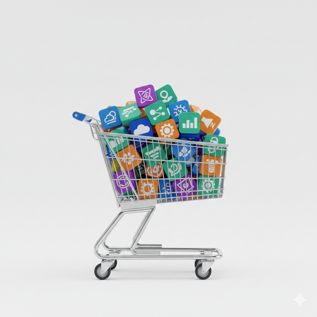 Shopping trolley full of icons and logos for tech tools (generic)